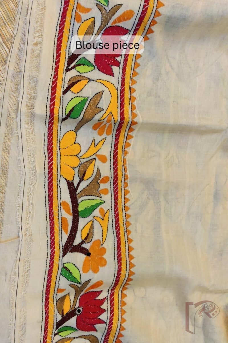 Kantha Keepsakes - Cream and Multicolour Floral Border Hand Embroidered Tussar Silk Saree - Image 9