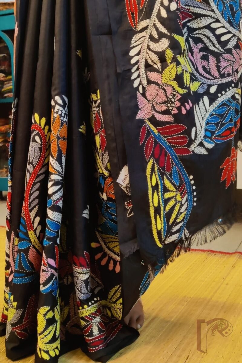 Kantha Keepsakes - Black Blended Silk Saree with Multicolour Lotus and Floral Embroidery - Image 2