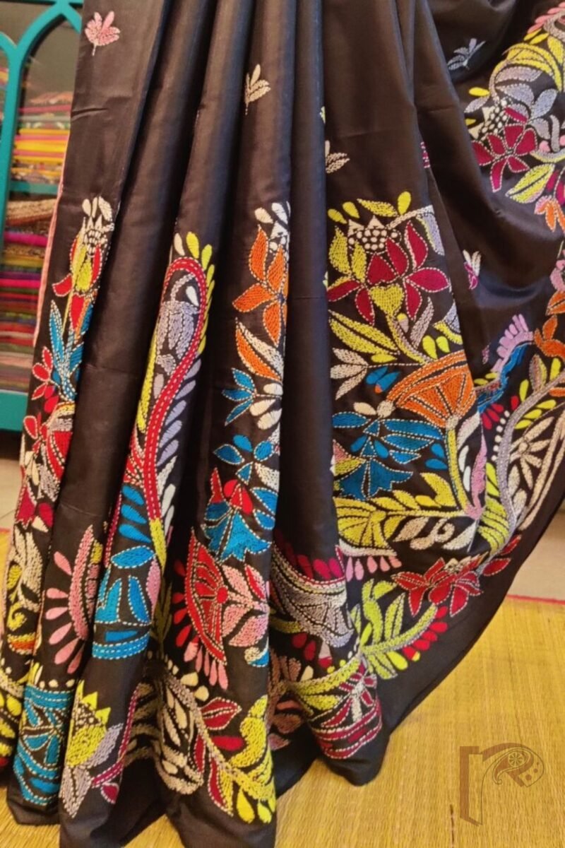 Kantha Keepsakes - Black Blended Silk Saree with Multicolour Lotus and Floral Embroidery - Image 5