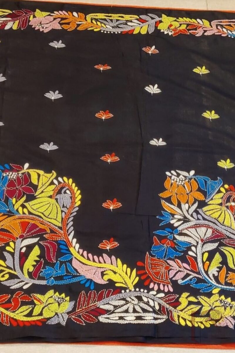 Kantha Keepsakes - Black Blended Silk Saree with Multicolour Lotus and Floral Embroidery - Image 6