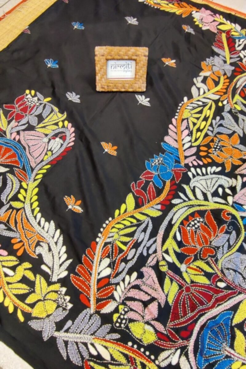 Kantha Keepsakes - Black Blended Silk Saree with Multicolour Lotus and Floral Embroidery - Image 7