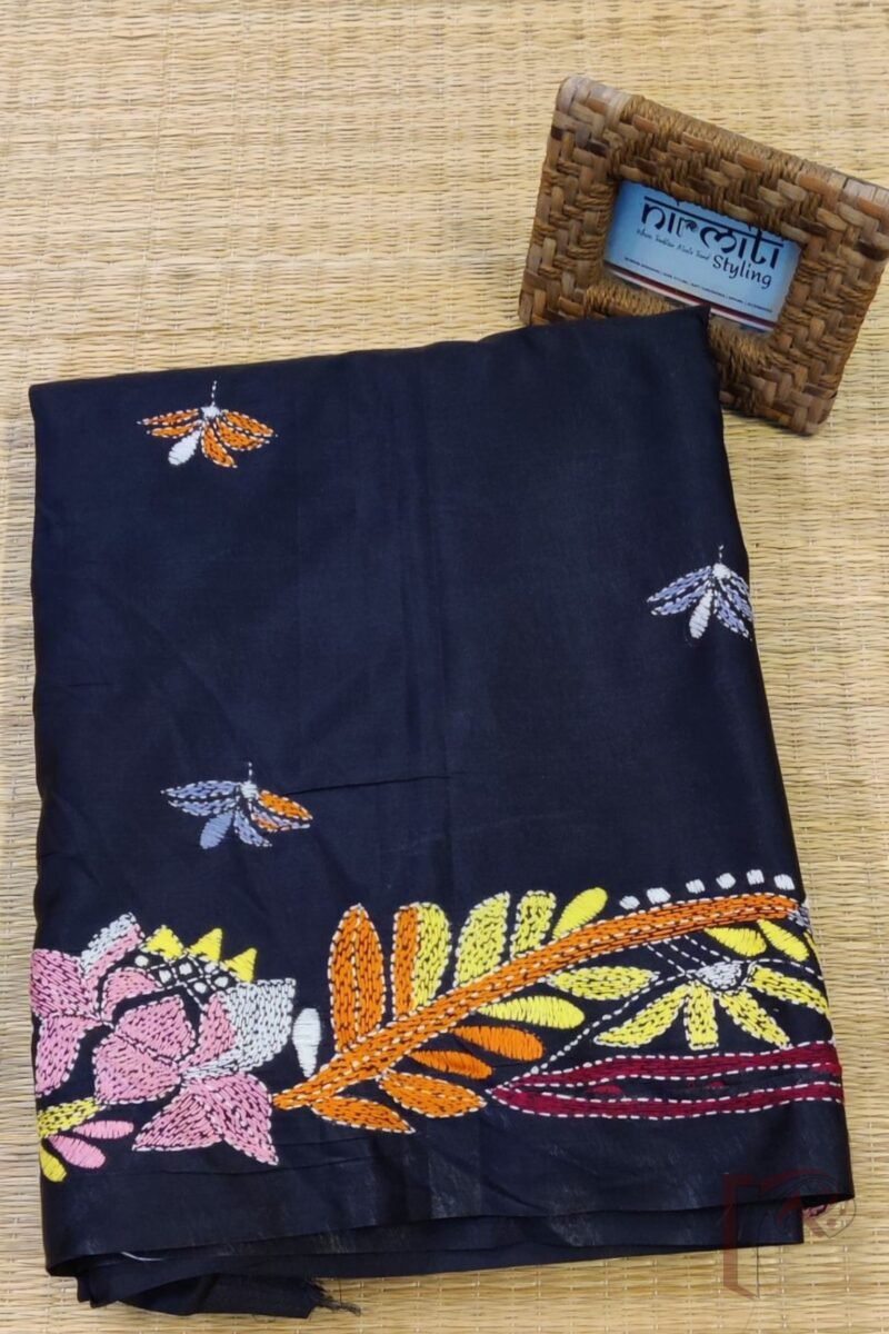 Kantha Keepsakes - Black Blended Silk Saree with Multicolour Lotus and Floral Embroidery