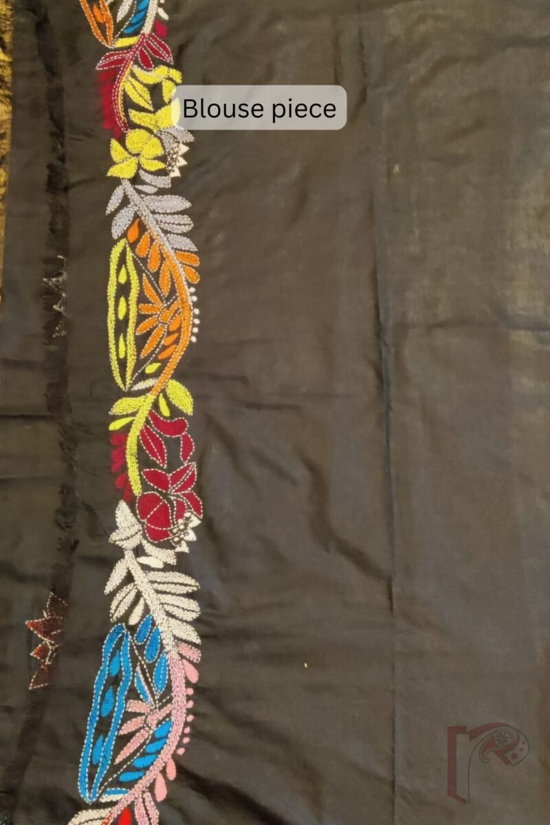 Kantha Keepsakes - Black Blended Silk Saree with Multicolour Lotus and Floral Embroidery - Image 9