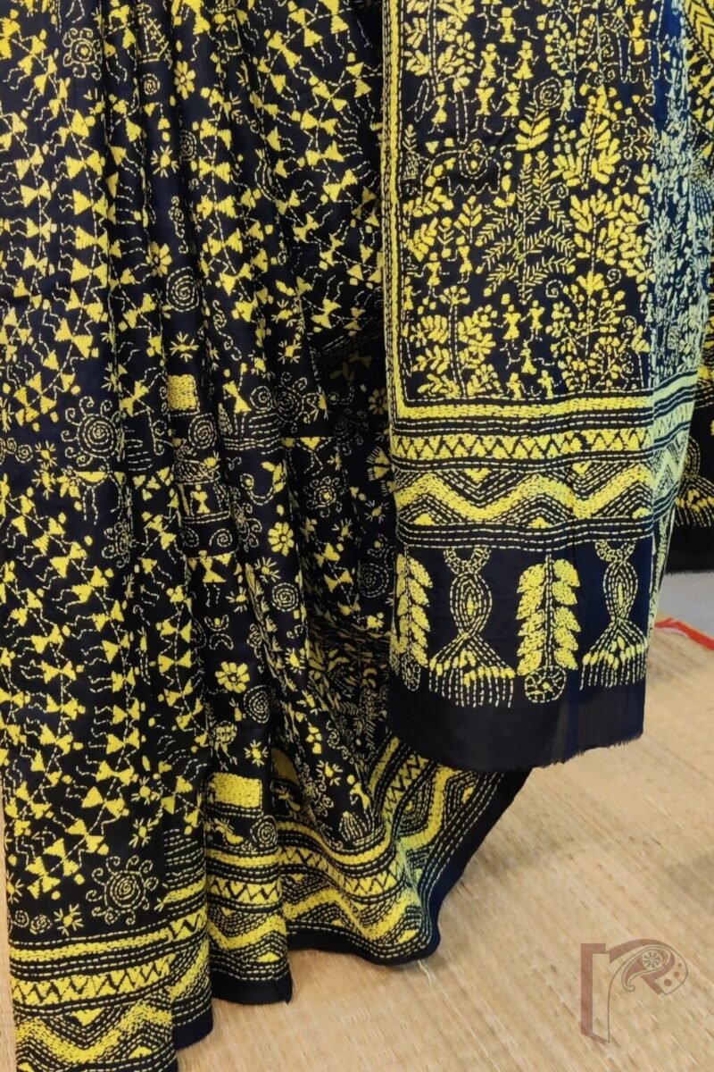 Kantha Keepsakes - Black Bangalore Silk Saree with Yellow Warli Stick Figure and Tree Kantha Embroidery - Image 2