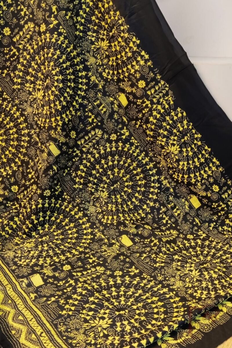 Kantha Keepsakes - Black Bangalore Silk Saree with Yellow Warli Stick Figure and Tree Kantha Embroidery - Image 3