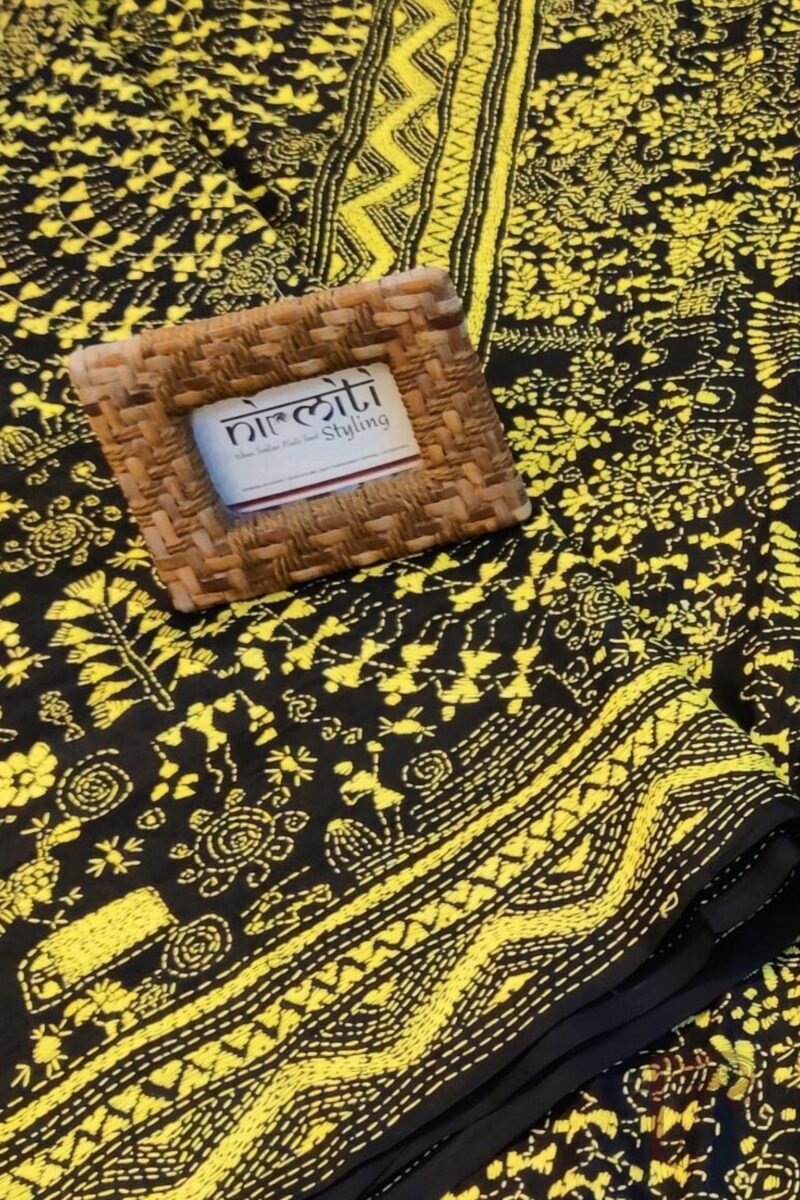 Kantha Keepsakes - Black Bangalore Silk Saree with Yellow Warli Stick Figure and Tree Kantha Embroidery - Image 4