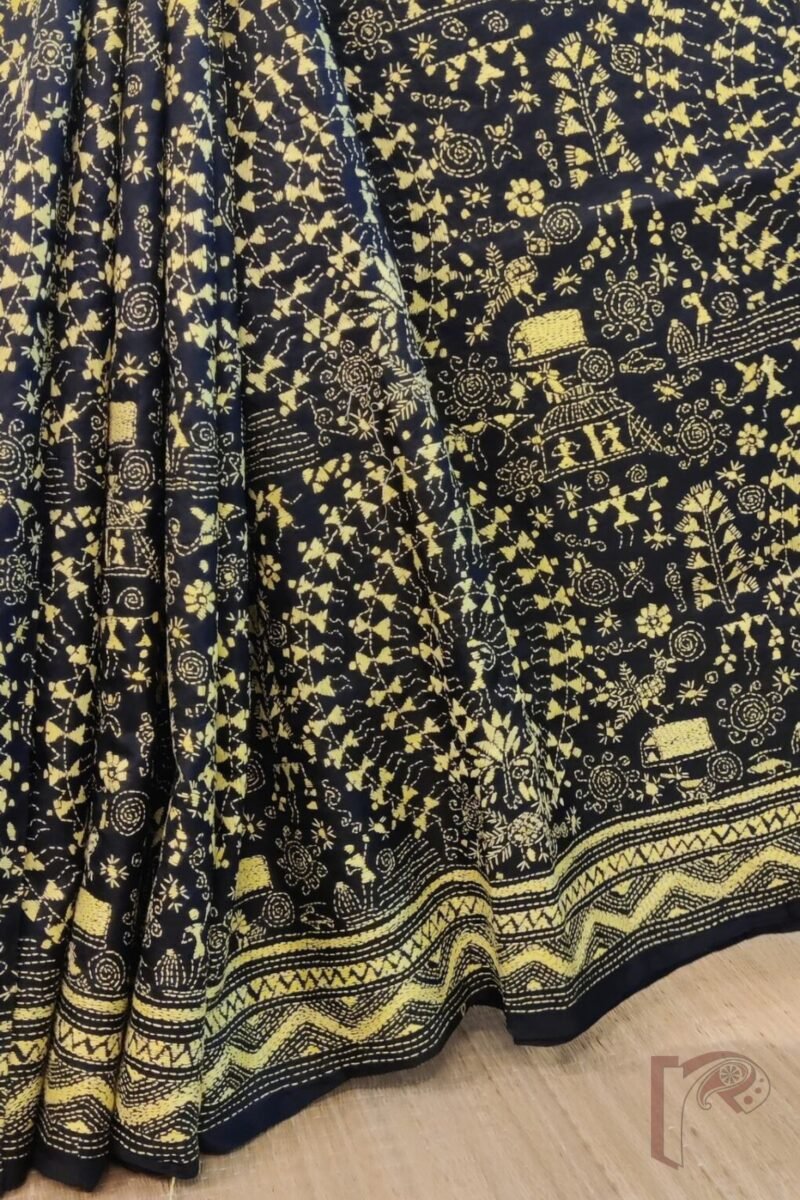Kantha Keepsakes - Black Bangalore Silk Saree with Yellow Warli Stick Figure and Tree Kantha Embroidery - Image 5