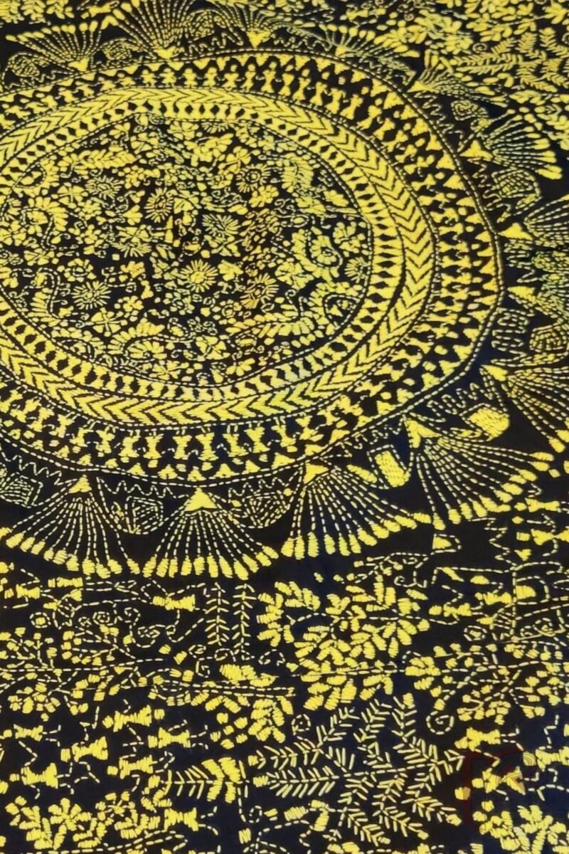 Kantha Keepsakes - Black Bangalore Silk Saree with Yellow Warli Stick Figure and Tree Kantha Embroidery - Image 6