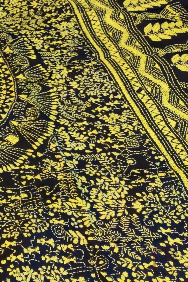 Kantha Keepsakes - Black Bangalore Silk Saree with Yellow Warli Stick Figure and Tree Kantha Embroidery - Image 7