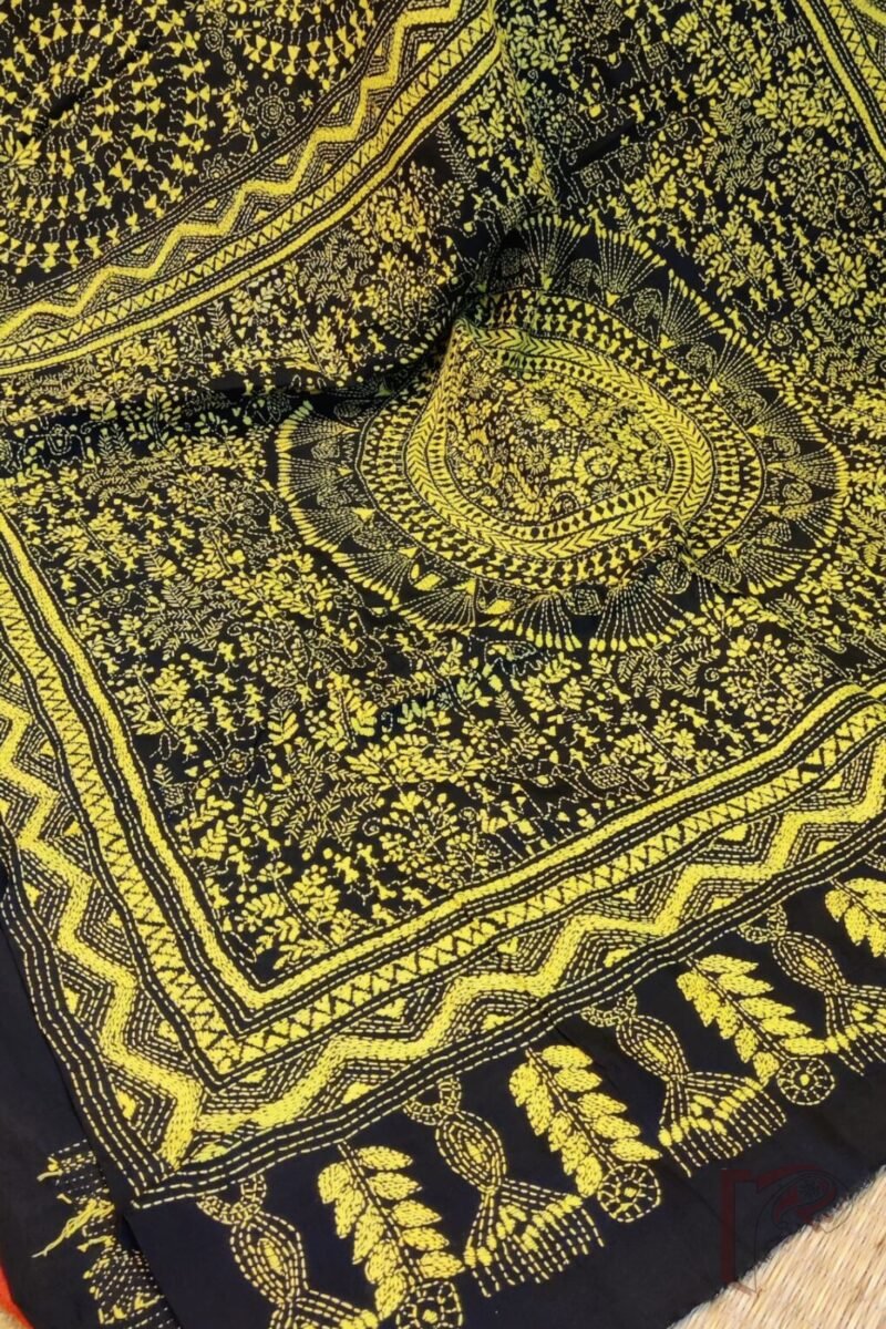 Kantha Keepsakes - Black Bangalore Silk Saree with Yellow Warli Stick Figure and Tree Kantha Embroidery - Image 8