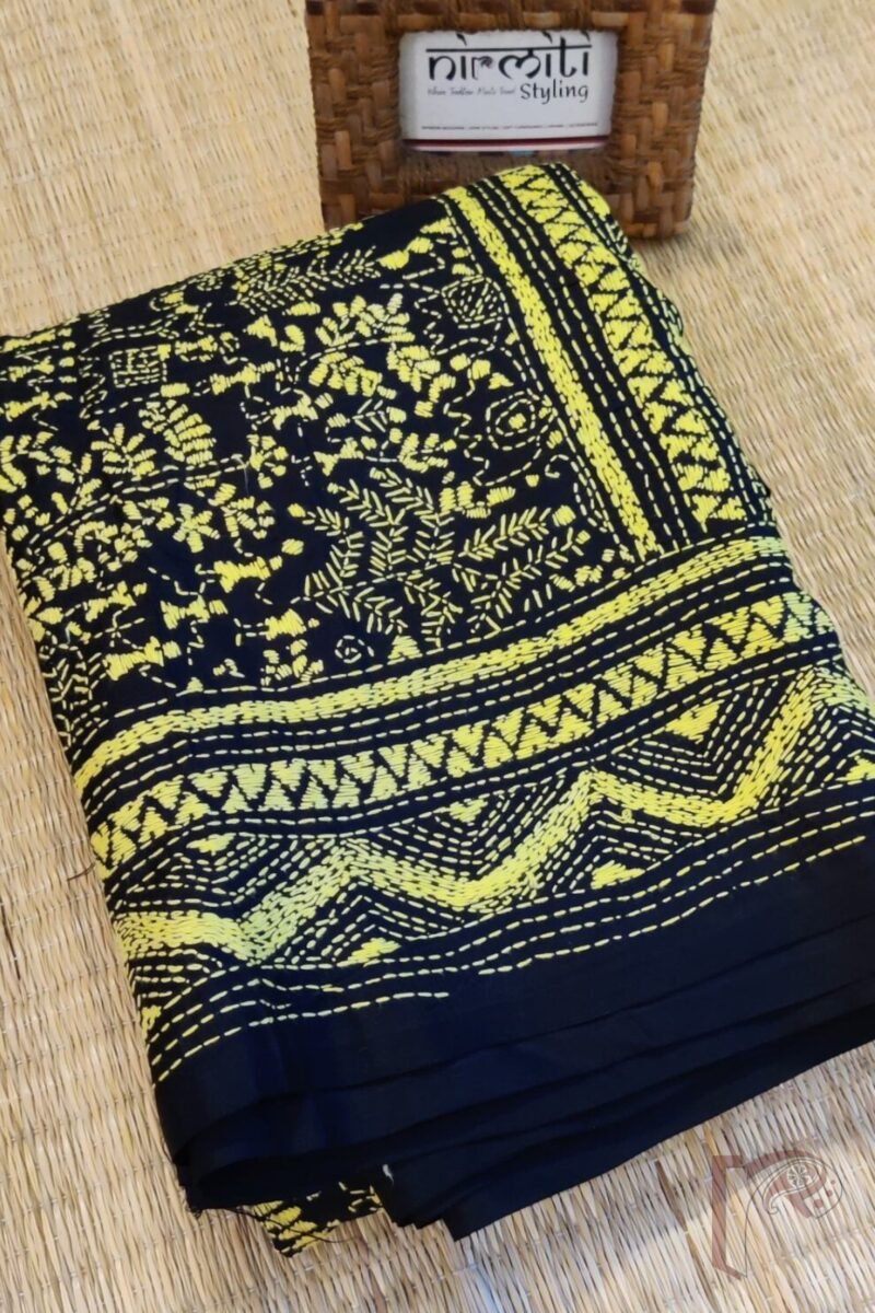 Kantha Keepsakes - Black Bangalore Silk Saree with Yellow Warli Stick Figure and Tree Kantha Embroidery