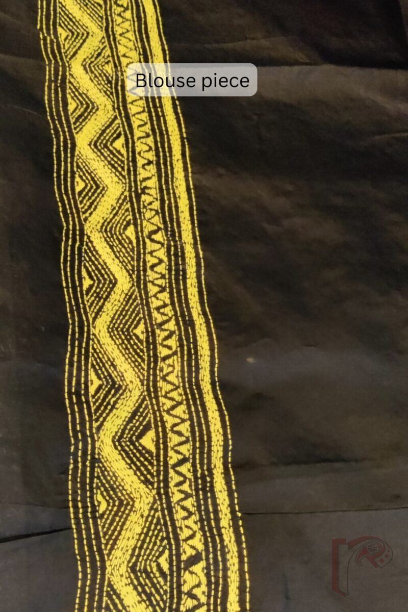 Kantha Keepsakes - Black Bangalore Silk Saree with Yellow Warli Stick Figure and Tree Kantha Embroidery - Image 9