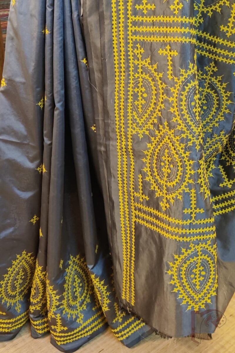 Kantha Keepsakes - Grey Blended Silk Saree with Lemon Yellow Gujarati Kutch Embroidery - Image 2