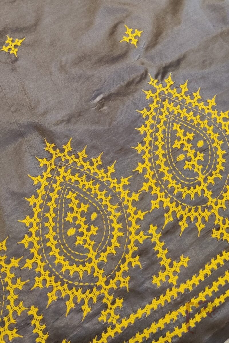 Kantha Keepsakes - Grey Blended Silk Saree with Lemon Yellow Gujarati Kutch Embroidery - Image 4