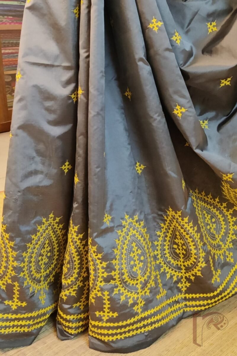 Kantha Keepsakes - Grey Blended Silk Saree with Lemon Yellow Gujarati Kutch Embroidery - Image 5