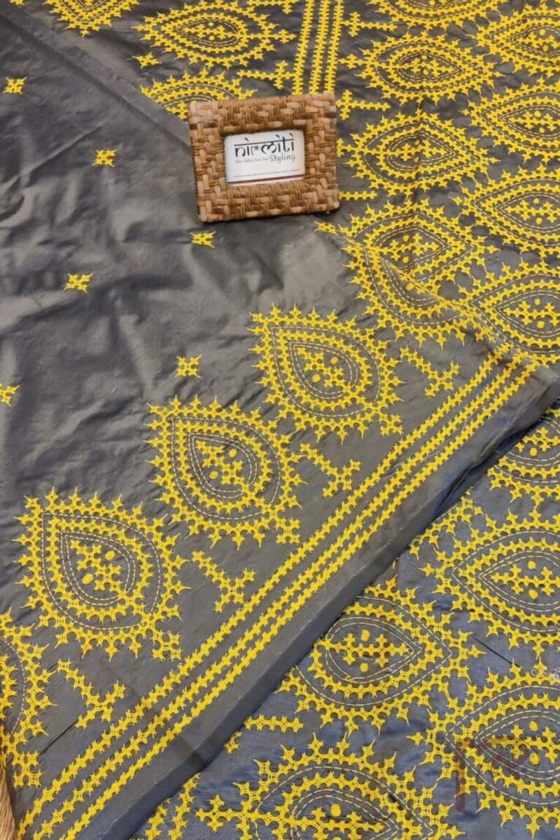 Kantha Keepsakes - Grey Blended Silk Saree with Lemon Yellow Gujarati Kutch Embroidery - Image 6