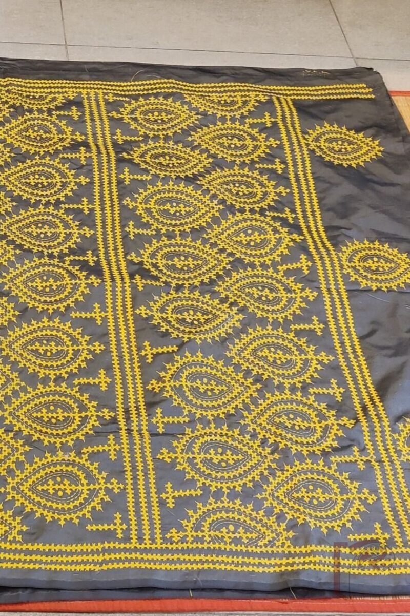 Kantha Keepsakes - Grey Blended Silk Saree with Lemon Yellow Gujarati Kutch Embroidery - Image 7