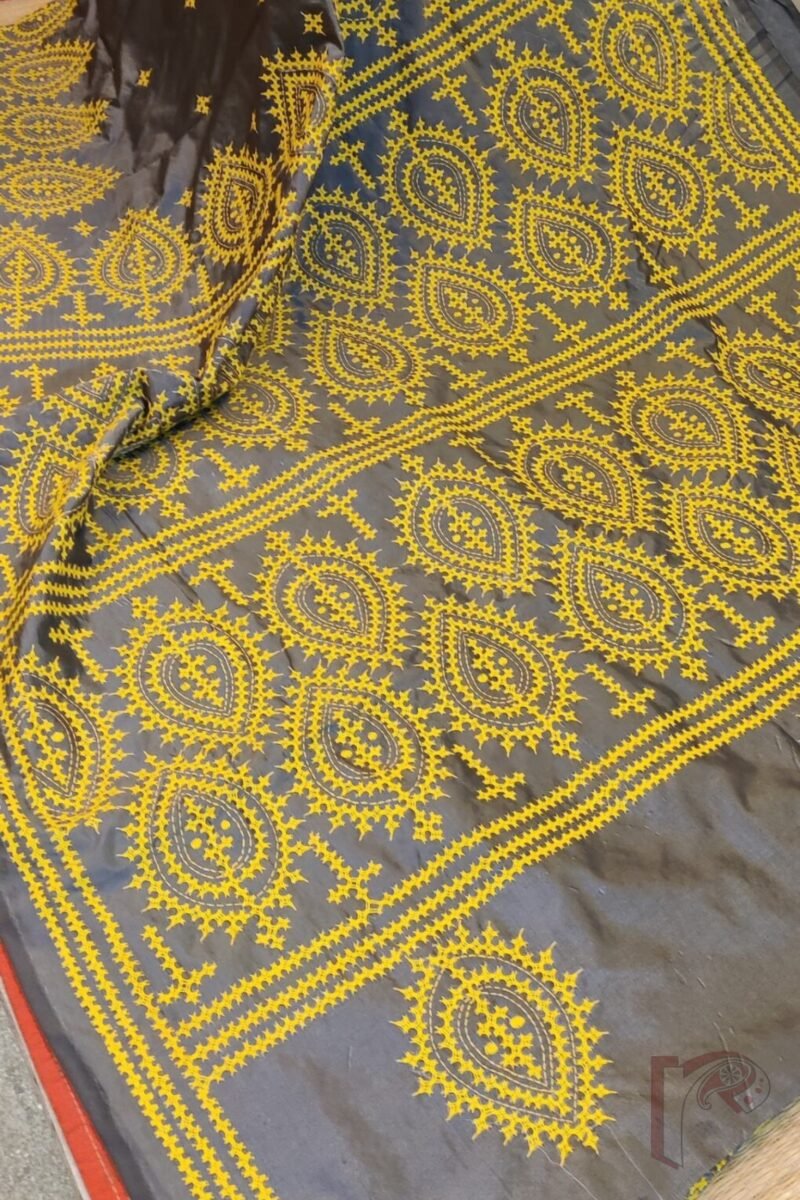 Kantha Keepsakes - Grey Blended Silk Saree with Lemon Yellow Gujarati Kutch Embroidery - Image 8