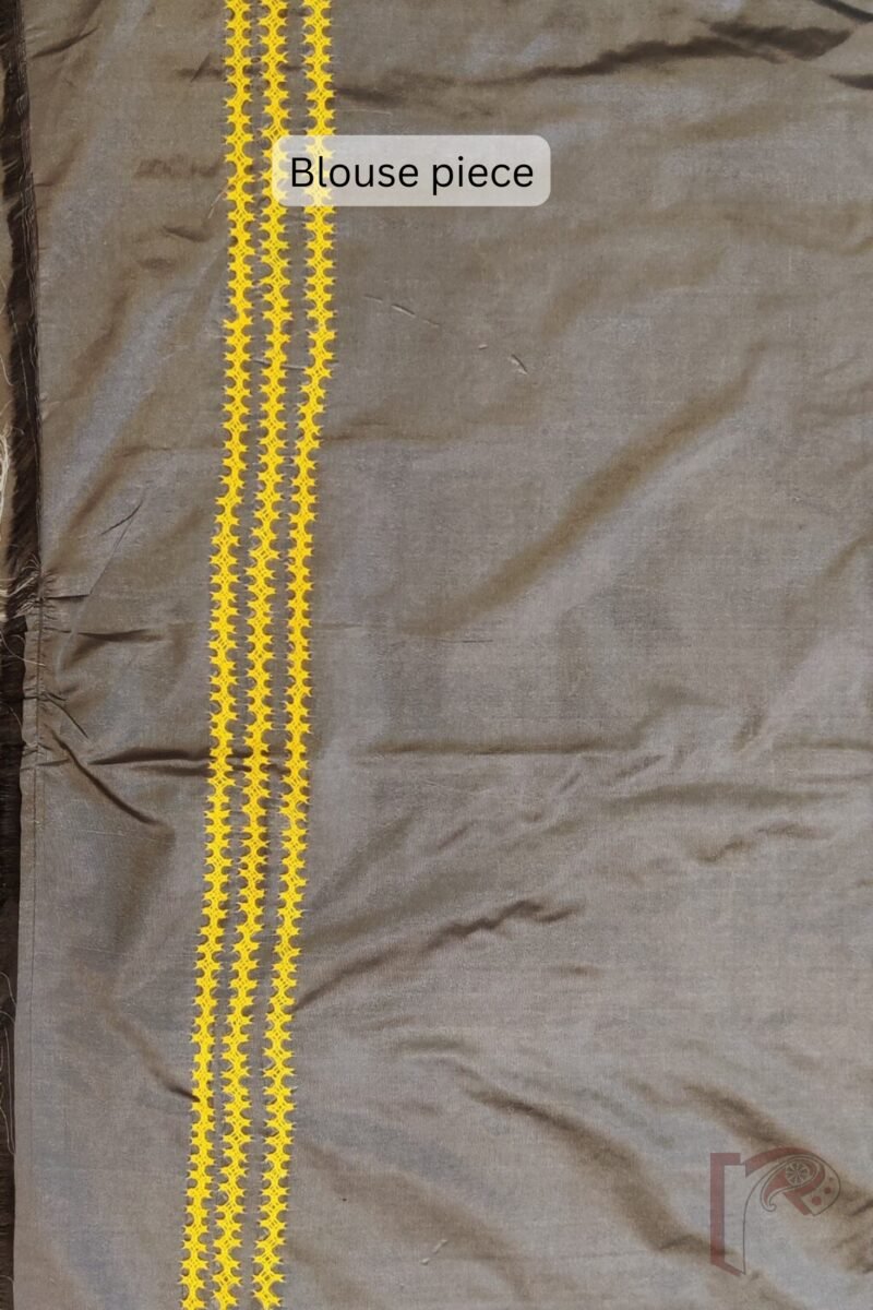Kantha Keepsakes - Grey Blended Silk Saree with Lemon Yellow Gujarati Kutch Embroidery - Image 9