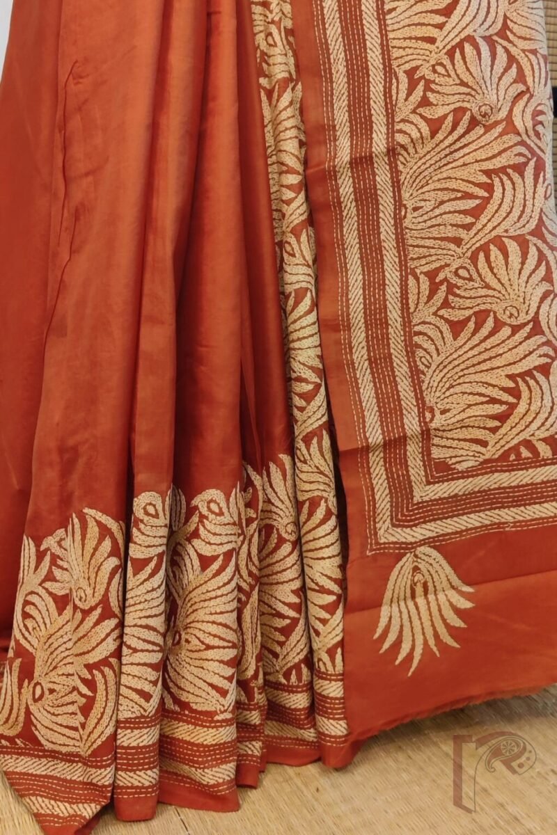 Kantha Keepsakes - Rust Orange Bangalore Silk Saree with Floral Cream Kantha Work - Image 2