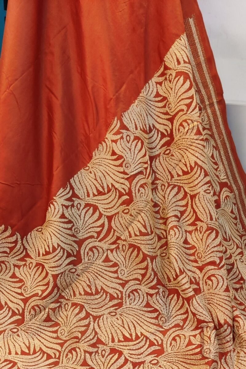 Kantha Keepsakes - Rust Orange Bangalore Silk Saree with Floral Cream Kantha Work - Image 3