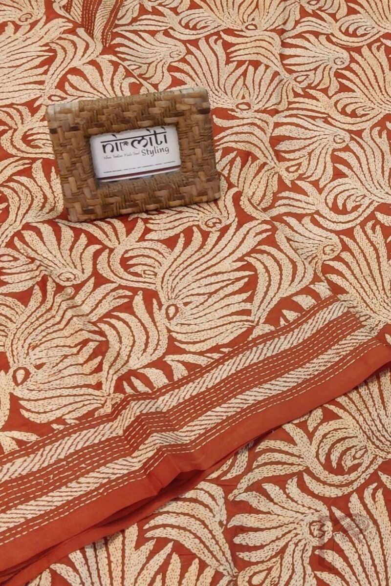 Kantha Keepsakes - Rust Orange Bangalore Silk Saree with Floral Cream Kantha Work - Image 4