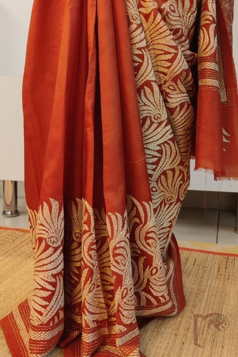 Kantha Keepsakes - Rust Orange Bangalore Silk Saree with Floral Cream Kantha Work - Image 5