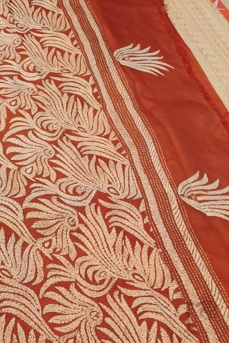 Kantha Keepsakes - Rust Orange Bangalore Silk Saree with Floral Cream Kantha Work - Image 6