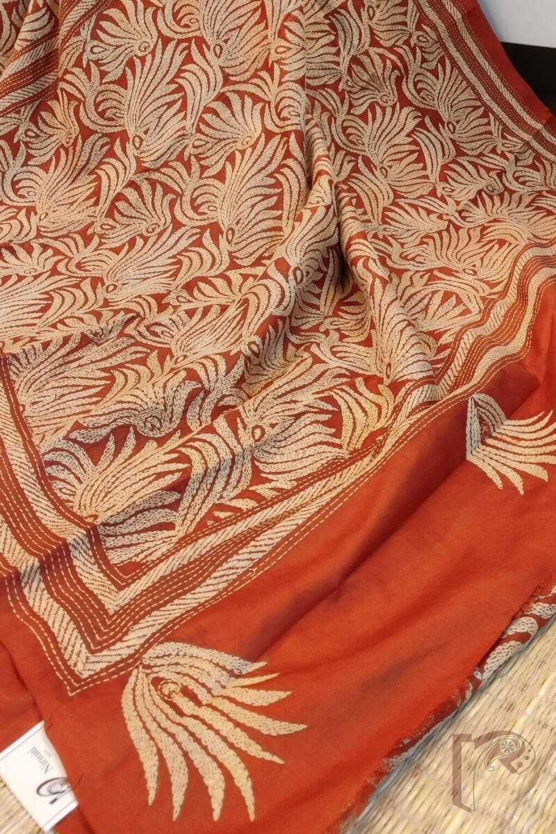 Kantha Keepsakes - Rust Orange Bangalore Silk Saree with Floral Cream Kantha Work - Image 7