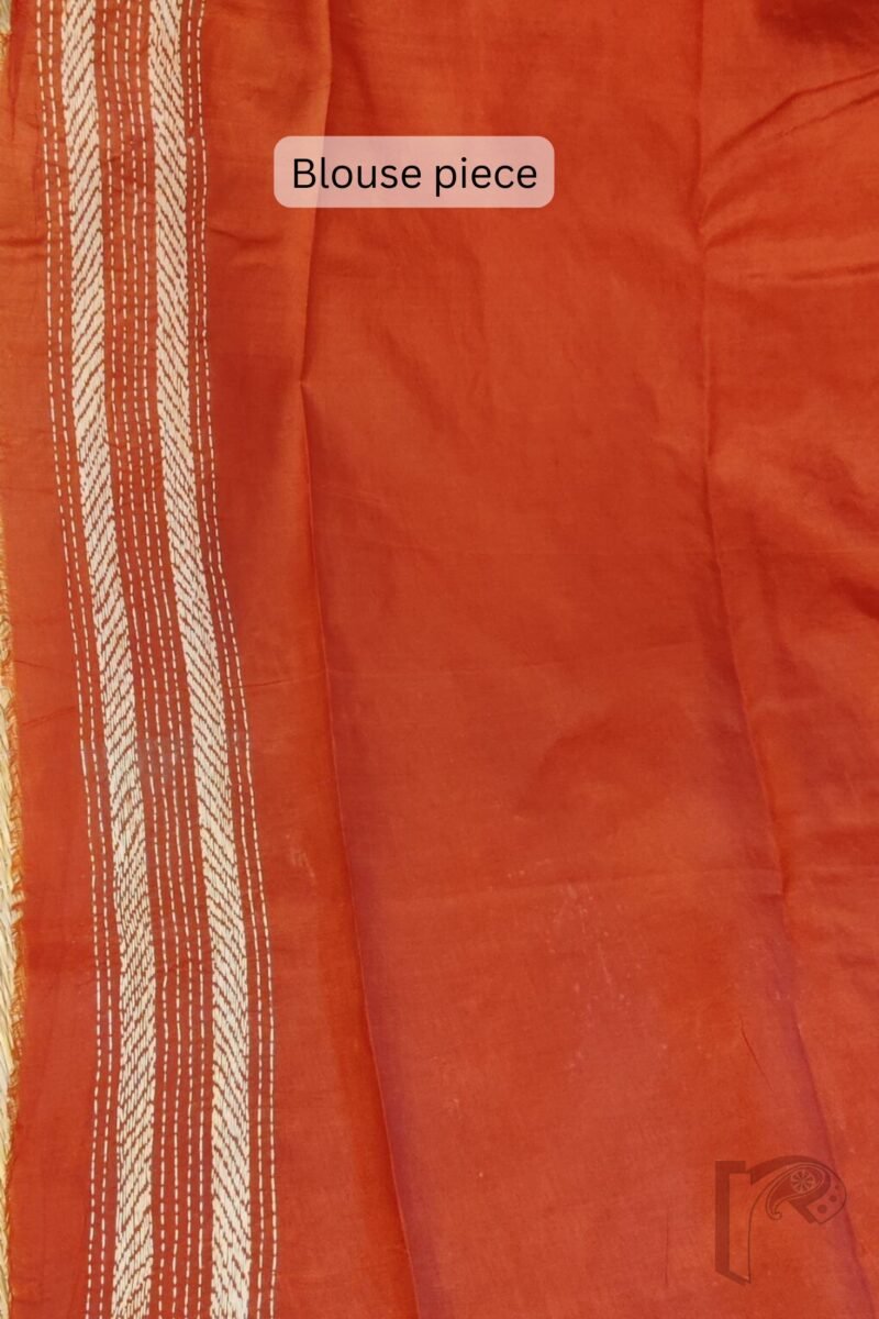 Kantha Keepsakes - Rust Orange Bangalore Silk Saree with Floral Cream Kantha Work - Image 8