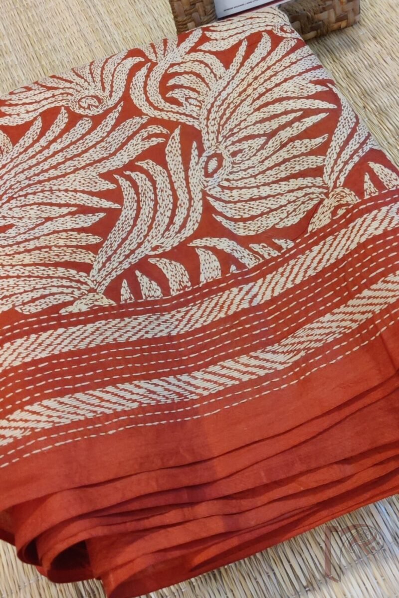 Kantha Keepsakes - Rust Orange Bangalore Silk Saree with Floral Cream Kantha Work