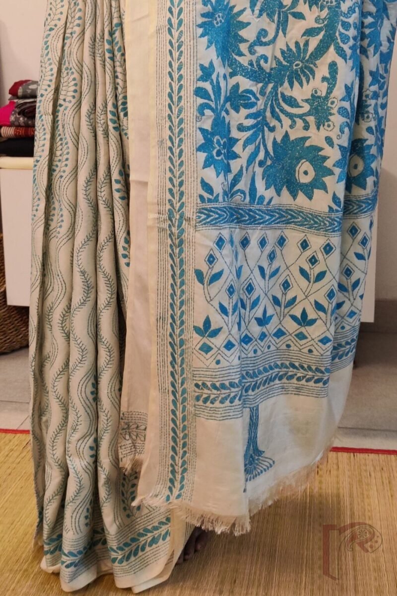Kantha Keepsakes - Cream Blended Silk Saree with Blue Leaf and Vine Kantha Embroidery - Image 2