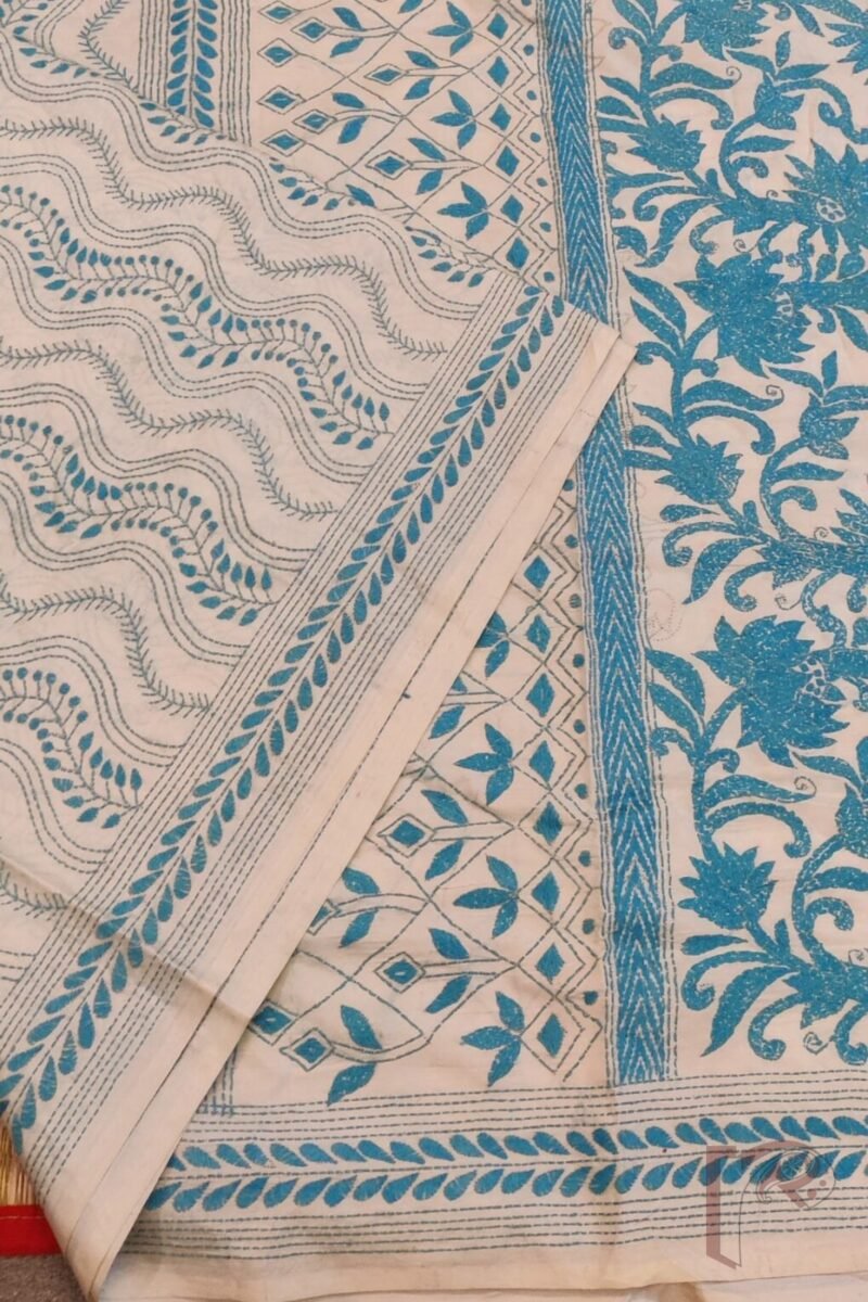 Kantha Keepsakes - Cream Blended Silk Saree with Blue Leaf and Vine Kantha Embroidery - Image 4