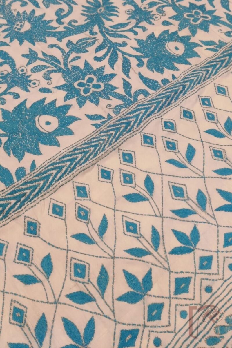 Kantha Keepsakes - Cream Blended Silk Saree with Blue Leaf and Vine Kantha Embroidery - Image 6