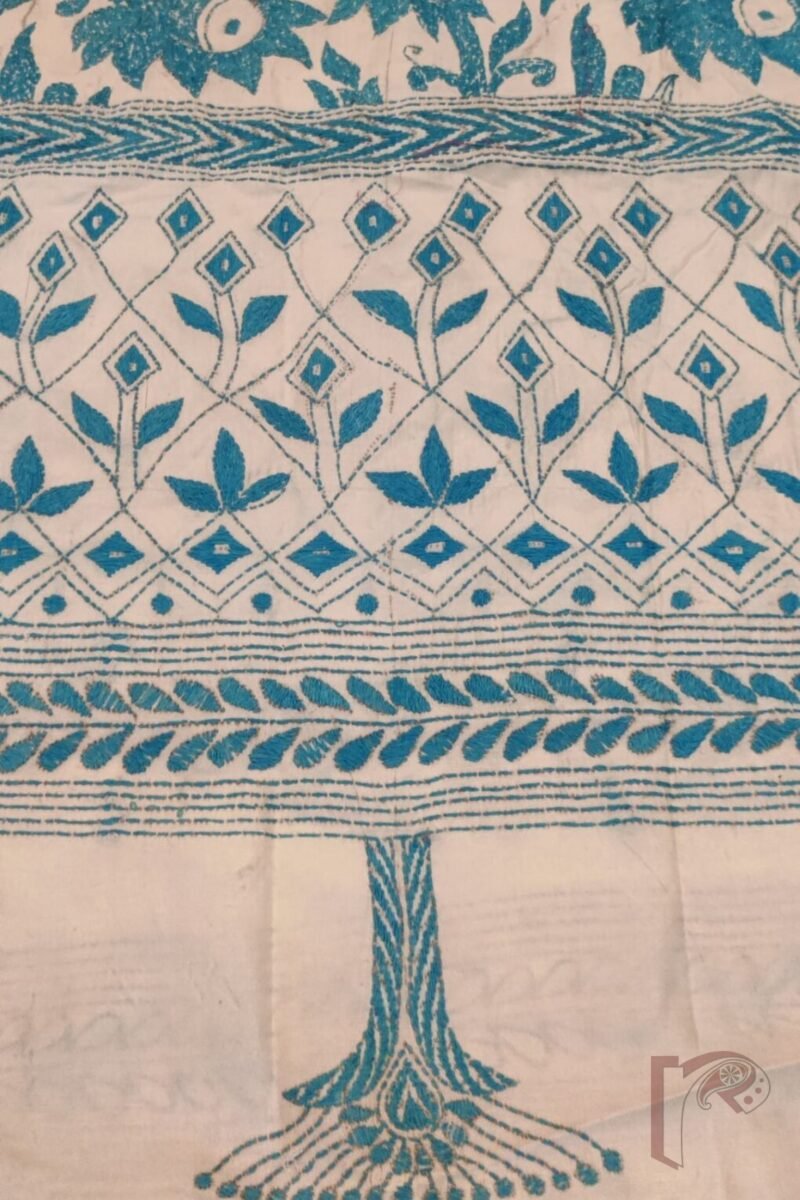 Kantha Keepsakes - Cream Blended Silk Saree with Blue Leaf and Vine Kantha Embroidery - Image 7