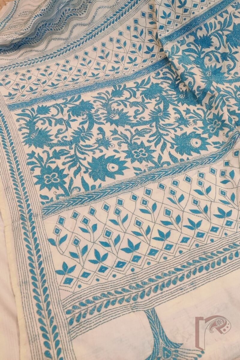 Kantha Keepsakes - Cream Blended Silk Saree with Blue Leaf and Vine Kantha Embroidery - Image 8