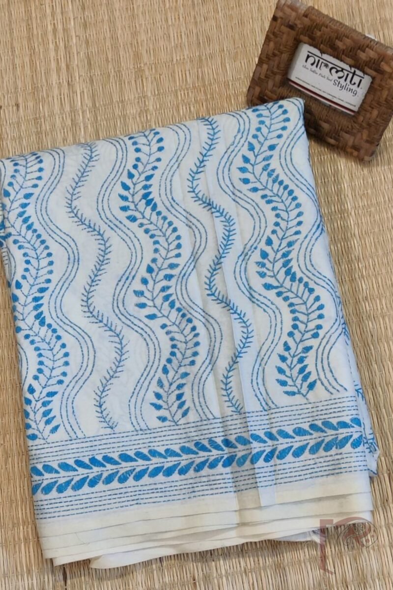 Kantha Keepsakes - Cream Blended Silk Saree with Blue Leaf and Vine Kantha Embroidery