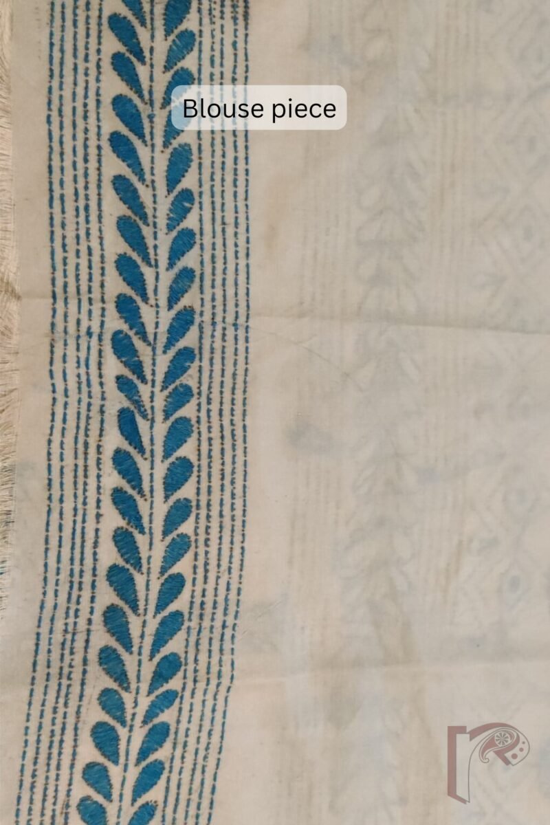 Kantha Keepsakes - Cream Blended Silk Saree with Blue Leaf and Vine Kantha Embroidery - Image 9