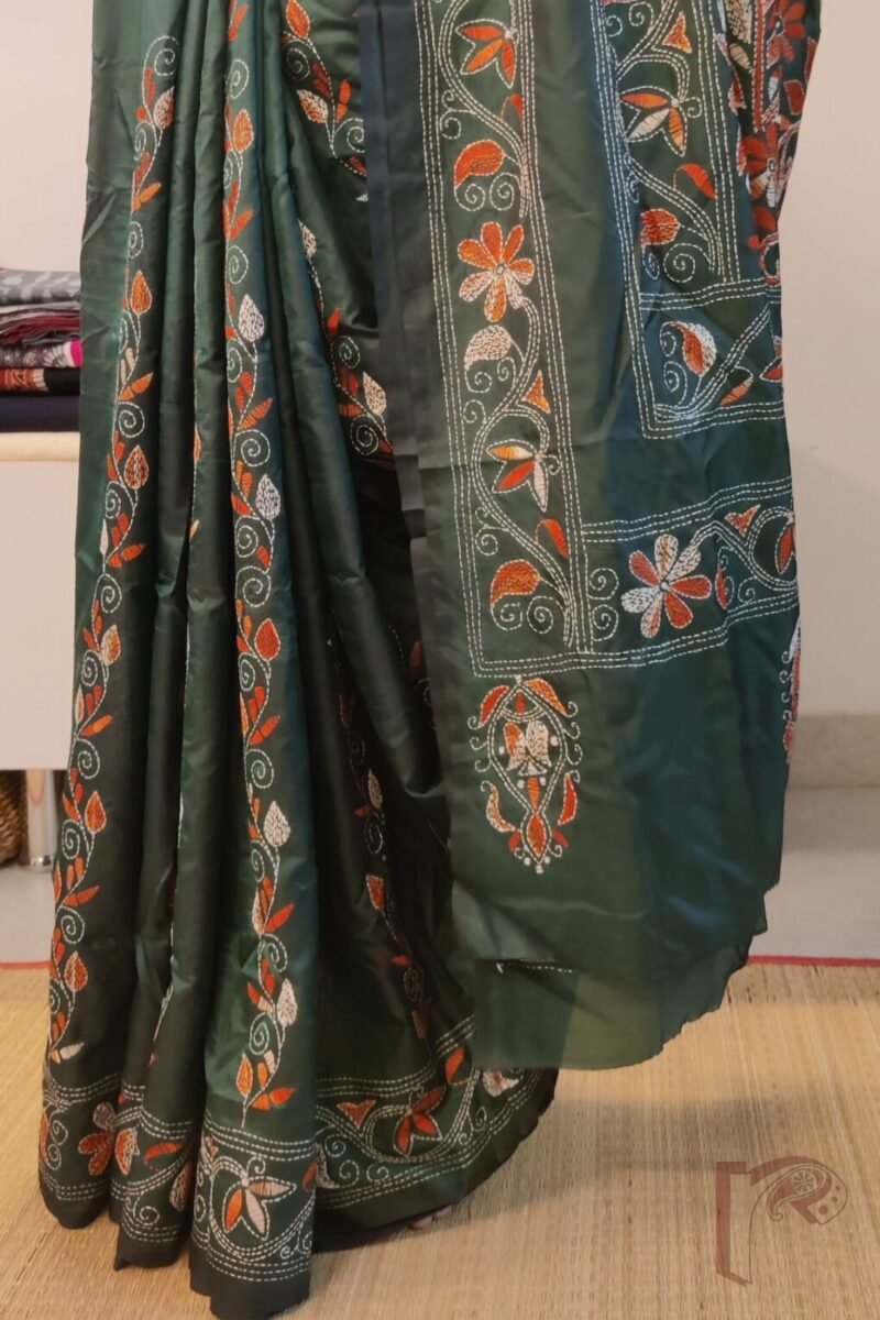 Kantha Keepsakes - Bottle Green Blended Silk Saree with Orange and White Floral Kantha Embroidery - Image 2