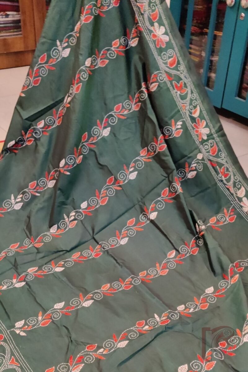 Kantha Keepsakes - Bottle Green Blended Silk Saree with Orange and White Floral Kantha Embroidery - Image 3