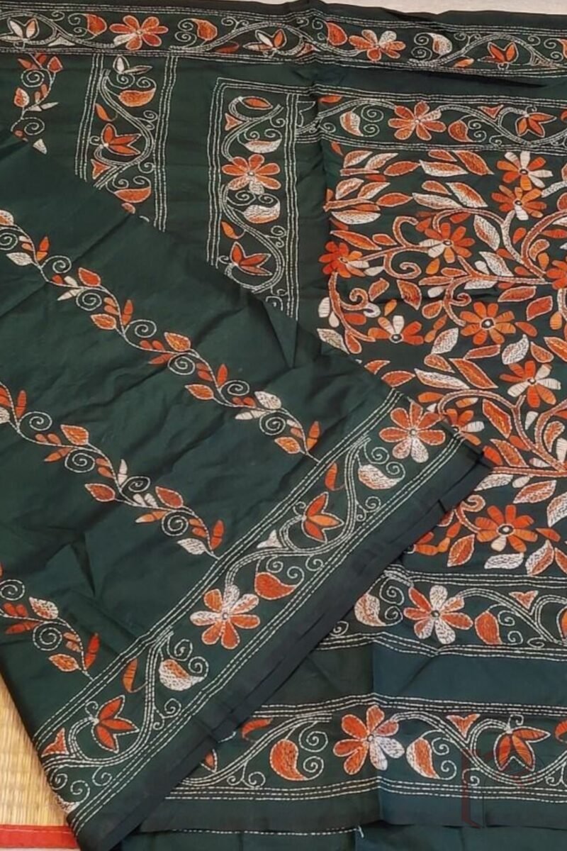 Kantha Keepsakes - Bottle Green Blended Silk Saree with Orange and White Floral Kantha Embroidery - Image 4