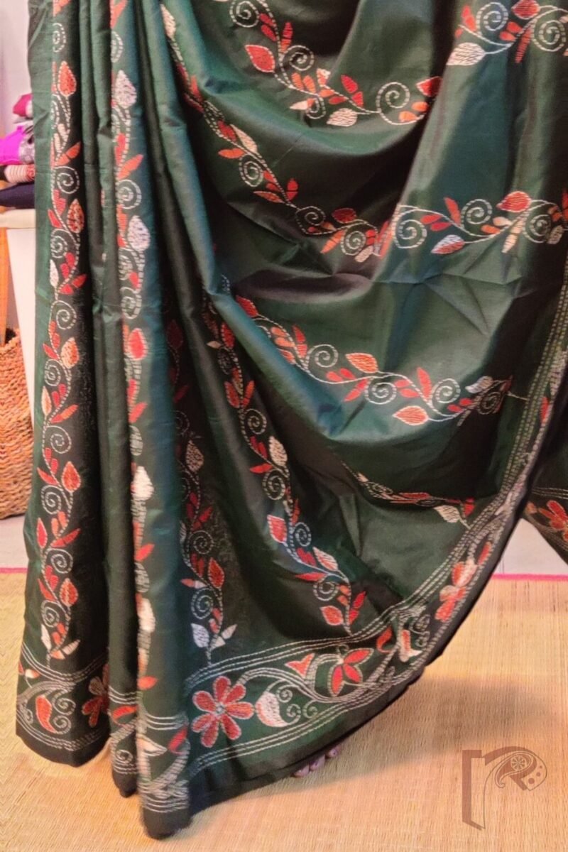Kantha Keepsakes - Bottle Green Blended Silk Saree with Orange and White Floral Kantha Embroidery - Image 5