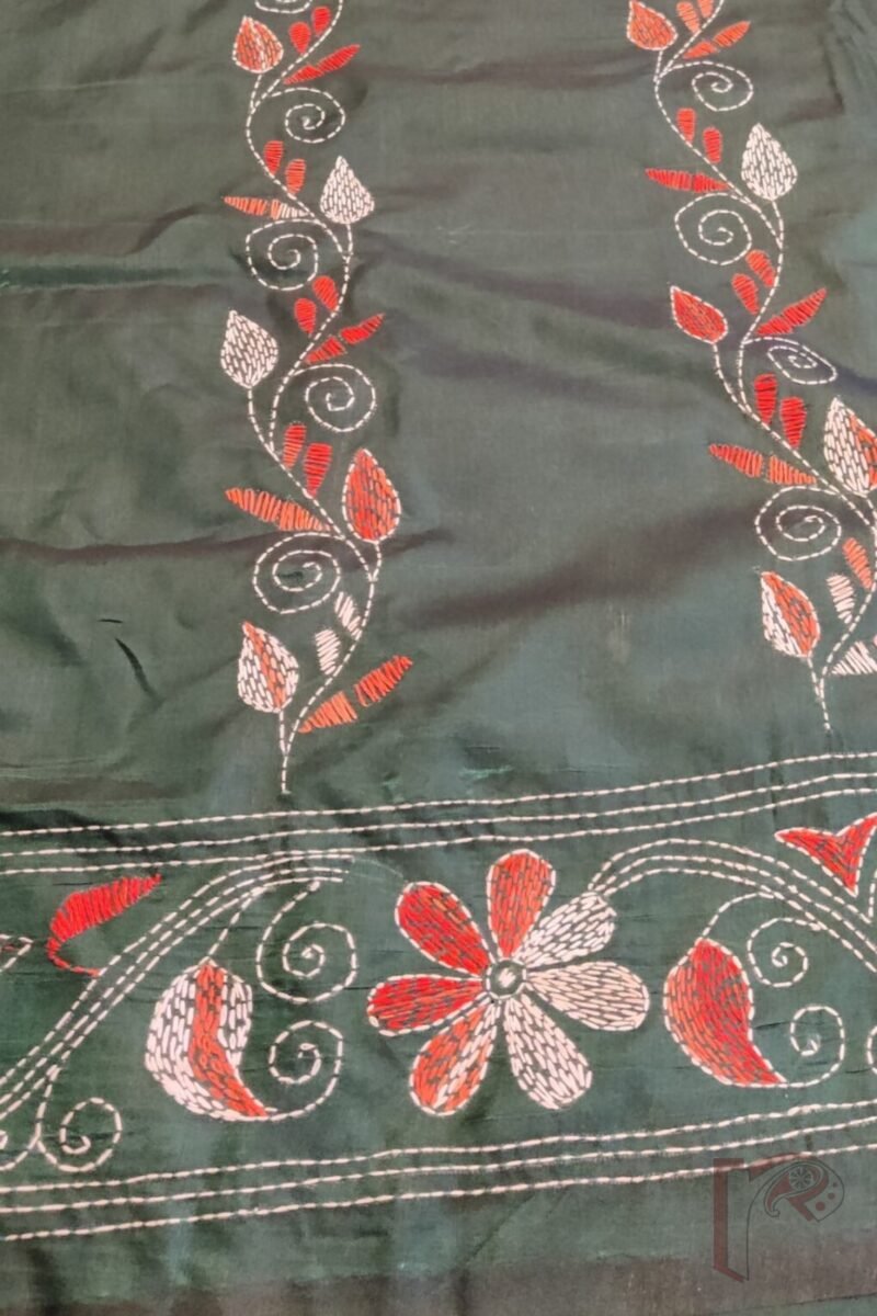 Kantha Keepsakes - Bottle Green Blended Silk Saree with Orange and White Floral Kantha Embroidery - Image 6