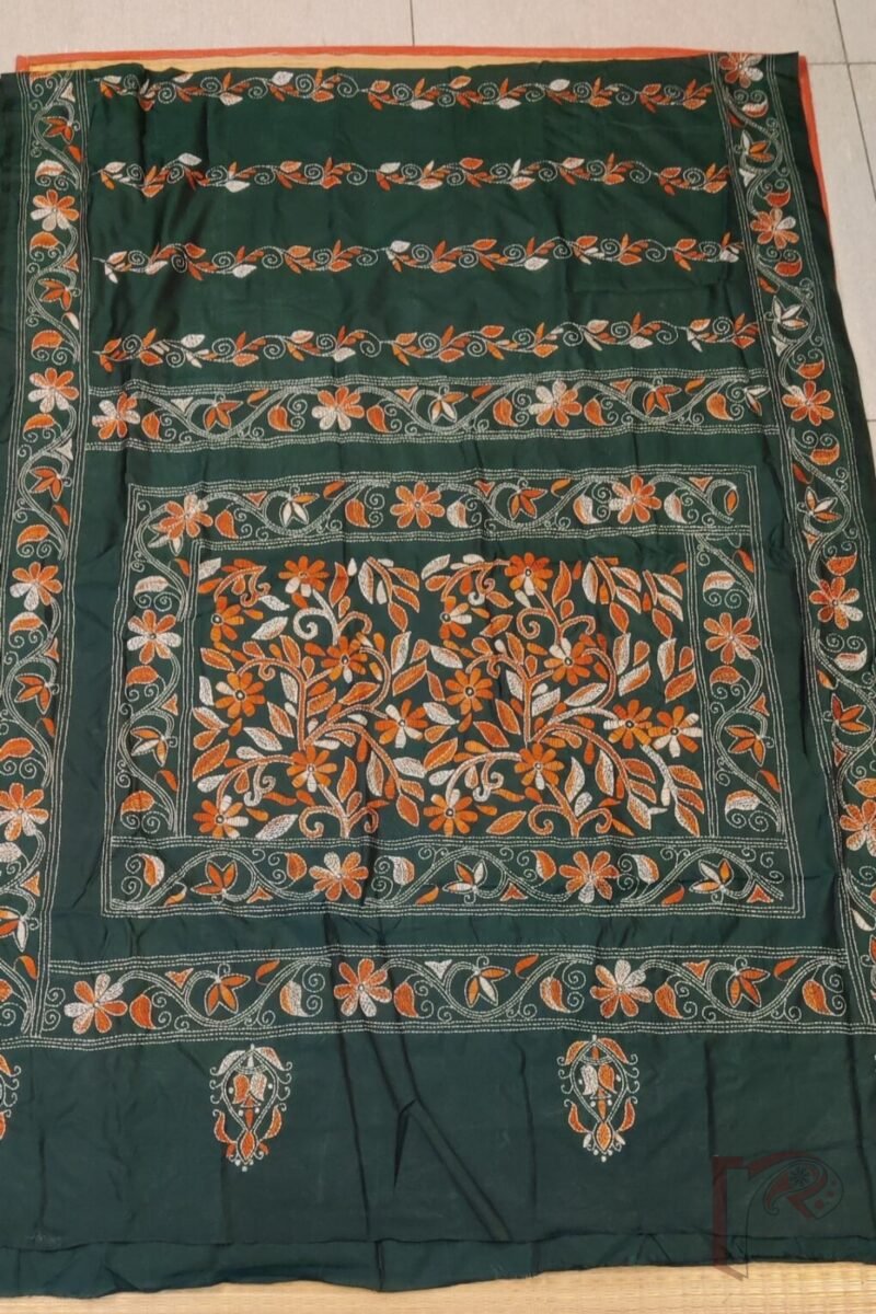 Kantha Keepsakes - Bottle Green Blended Silk Saree with Orange and White Floral Kantha Embroidery - Image 7
