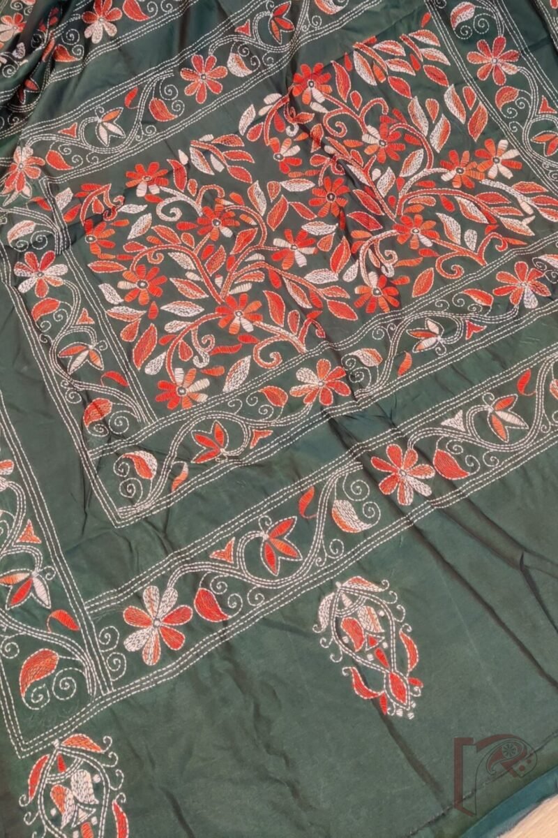 Kantha Keepsakes - Bottle Green Blended Silk Saree with Orange and White Floral Kantha Embroidery - Image 8