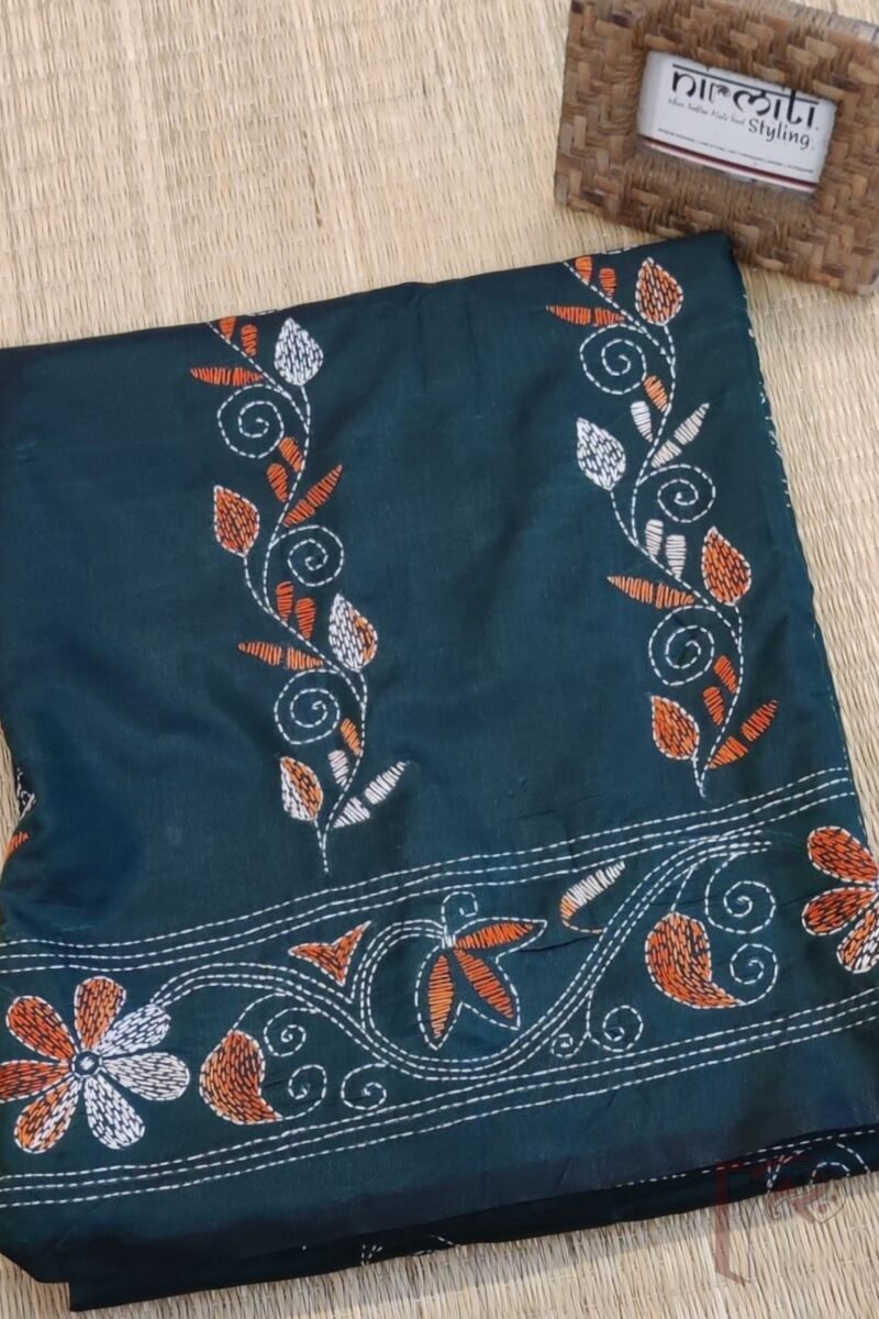 Kantha Keepsakes - Bottle Green Blended Silk Saree with Orange and White Floral Kantha Embroidery