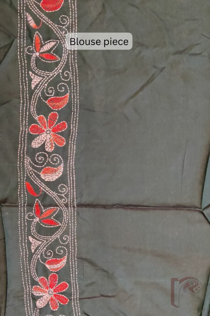 Kantha Keepsakes - Bottle Green Blended Silk Saree with Orange and White Floral Kantha Embroidery - Image 9