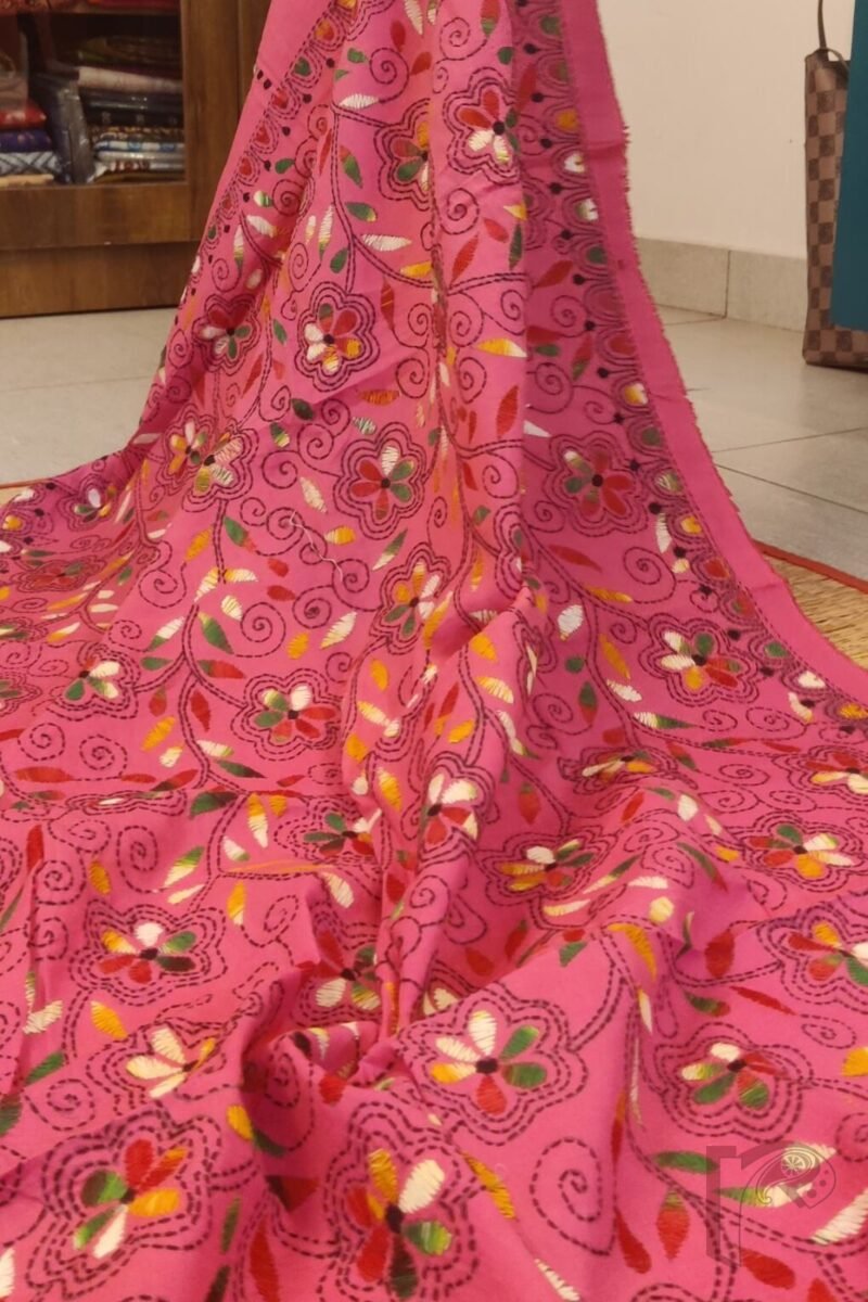 Dreamy Drapes - Candy Pink Floral Leaf Kantha Cotton Dupatta with Multi-Colored Fill - Image 2