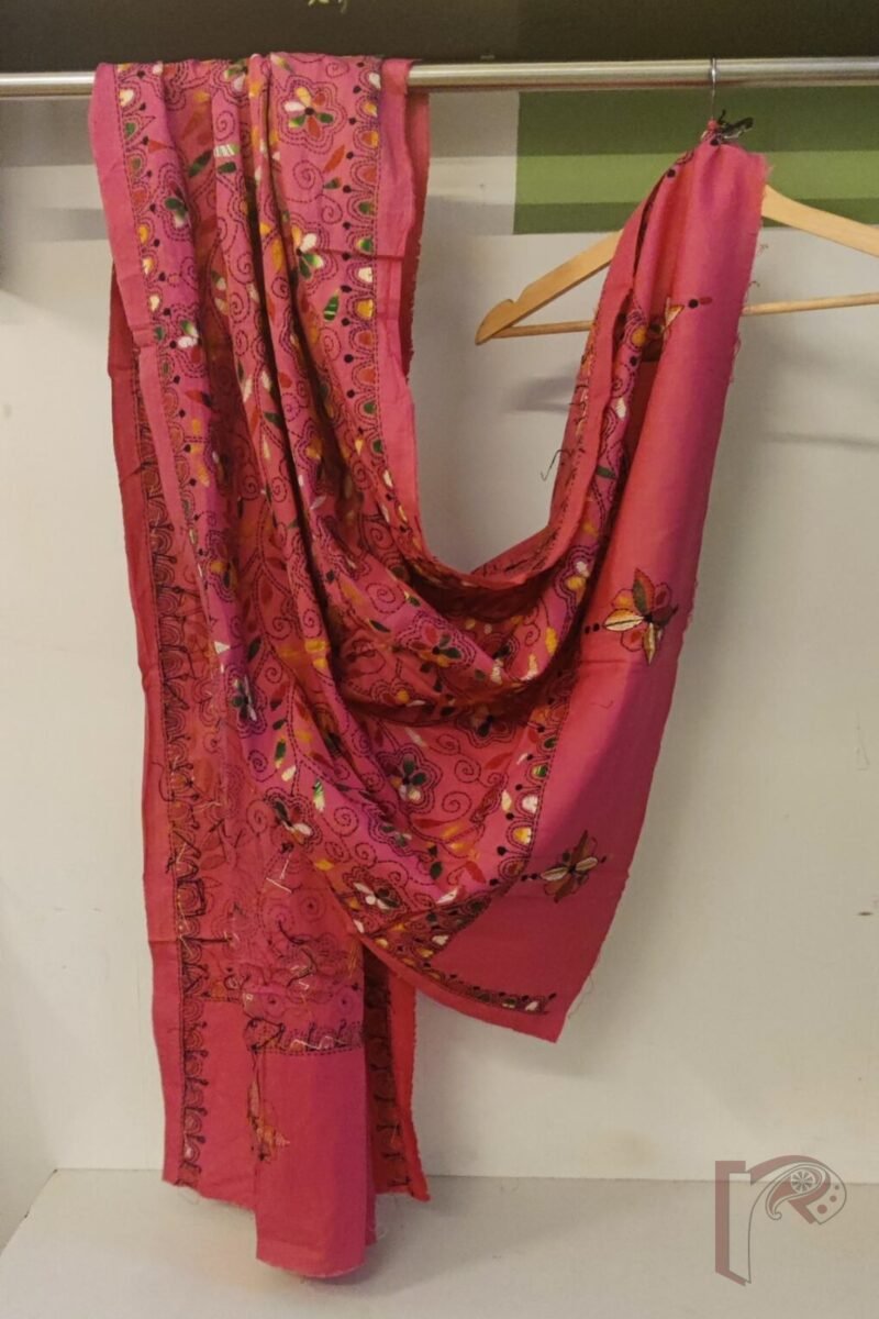 Dreamy Drapes - Candy Pink Floral Leaf Kantha Cotton Dupatta with Multi-Colored Fill - Image 3