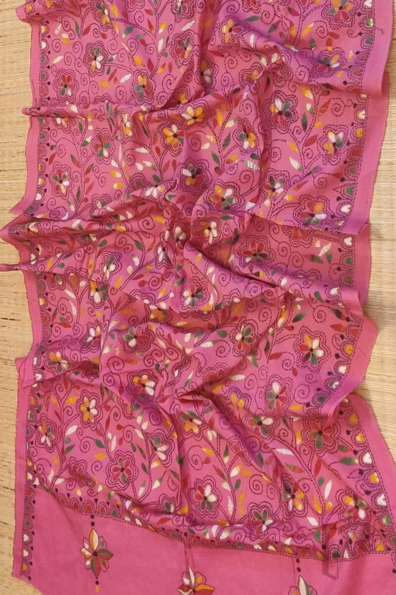 Dreamy Drapes - Candy Pink Floral Leaf Kantha Cotton Dupatta with Multi-Colored Fill - Image 4